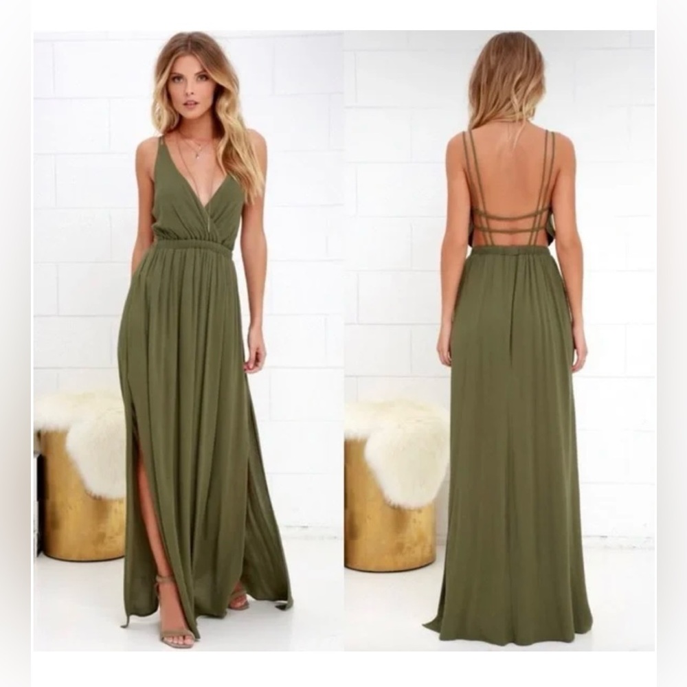 Lulus Lost in Paradise Olive Green Backless Maxi Dress NWOT